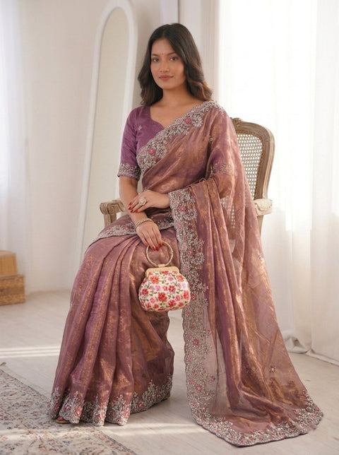 Oreva7 Party Wear Fendy Chiffon Silk Saree with Embroidery Work