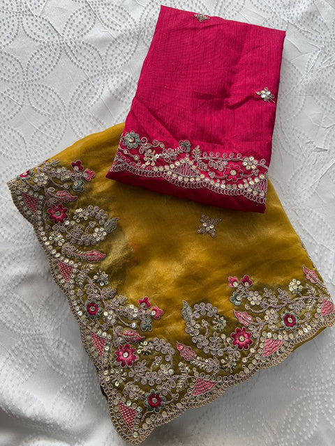 Oreva7 Party Wear Fendy Chiffon Silk Saree with Embroidery Work