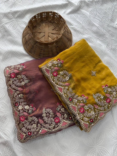 Oreva7 Party Wear Fendy Chiffon Silk Saree with Embroidery Work