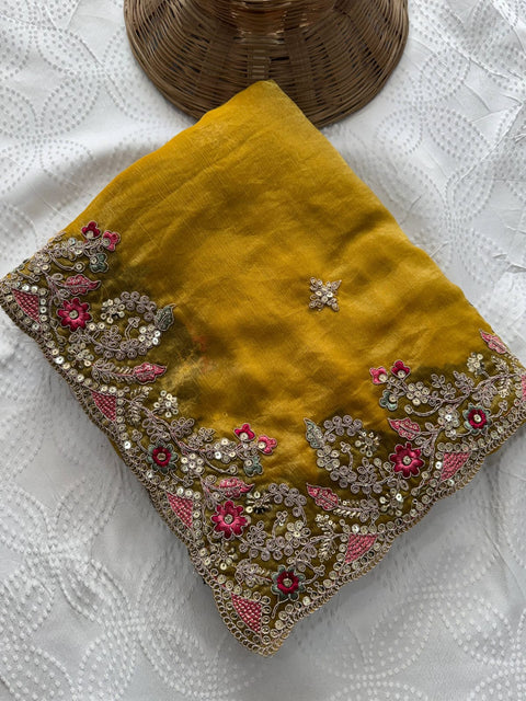 Oreva7 Party Wear Fendy Chiffon Silk Saree with Embroidery Work