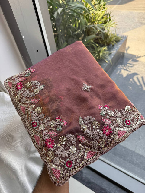Oreva7 Party Wear Fendy Chiffon Silk Saree with Embroidery Work