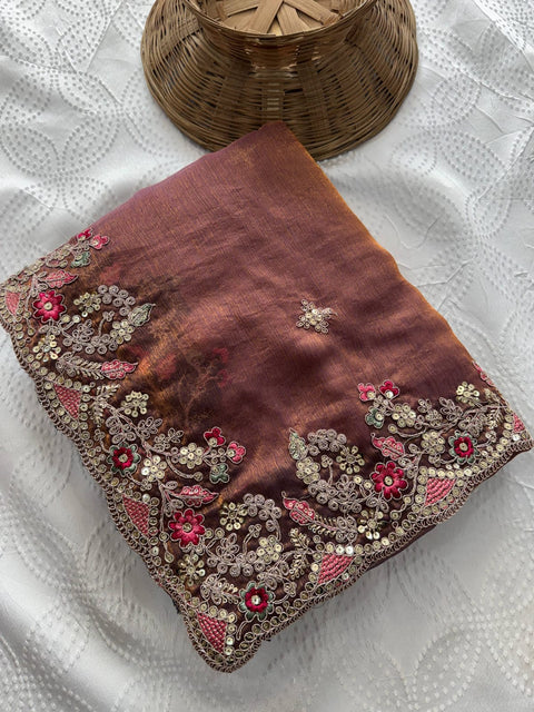 Oreva7 Party Wear Fendy Chiffon Silk Saree with Embroidery Work