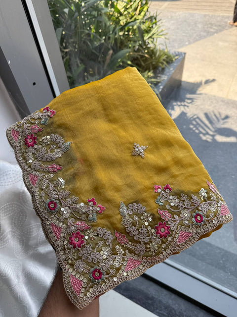 Oreva7 Party Wear Fendy Chiffon Silk Saree with Embroidery Work