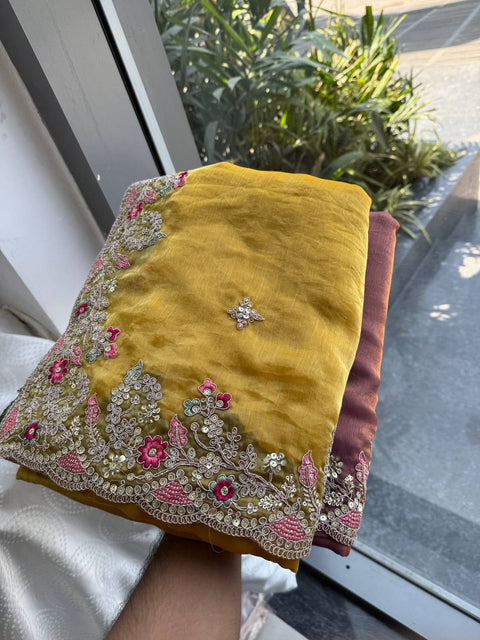 Oreva7 Party Wear Fendy Chiffon Silk Saree with Embroidery Work