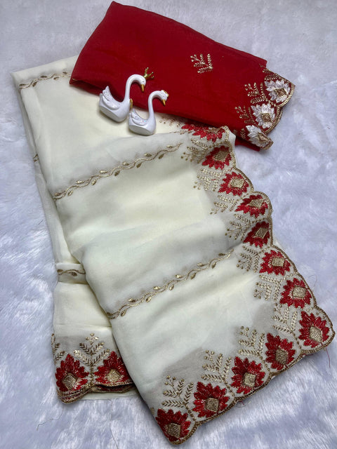 C-Pallu Work Saree with Lehariya Design & Embroidery Sequence Blouse