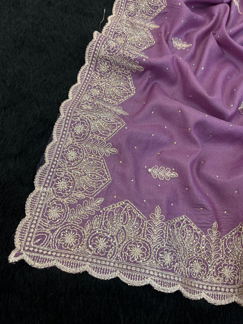 Premium Chocolate Silk Saree with Embroidery & Diamond Work  Elegant Party Wear