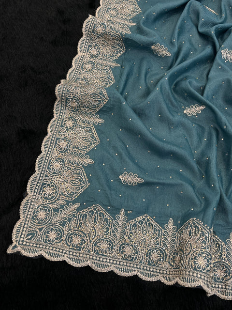 Premium Chocolate Silk Saree with Embroidery & Diamond Work  Elegant Party Wear