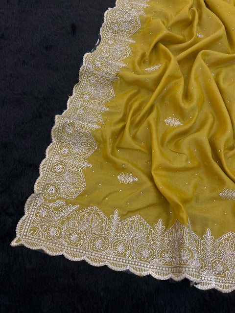 Premium Chocolate Silk Saree with Embroidery & Diamond Work  Elegant Party Wear