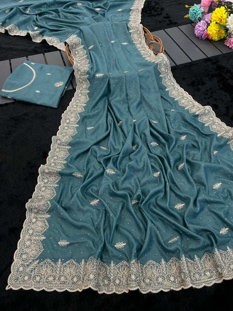 Premium Chocolate Silk Saree with Embroidery & Diamond Work  Elegant Party Wear
