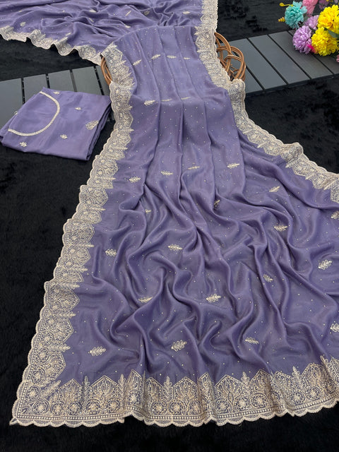 Premium Chocolate Silk Saree with Embroidery & Diamond Work  Elegant Party Wear