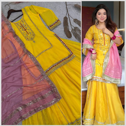 Designer Organza Silk Top Palazzo Set with Embroidery & Sequence Work Dupatta