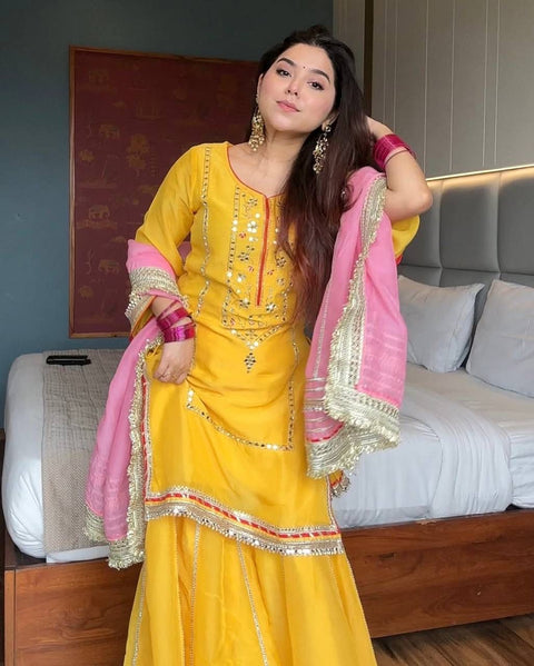 Designer Organza Silk Top Palazzo Set with Embroidery & Sequence Work Dupatta