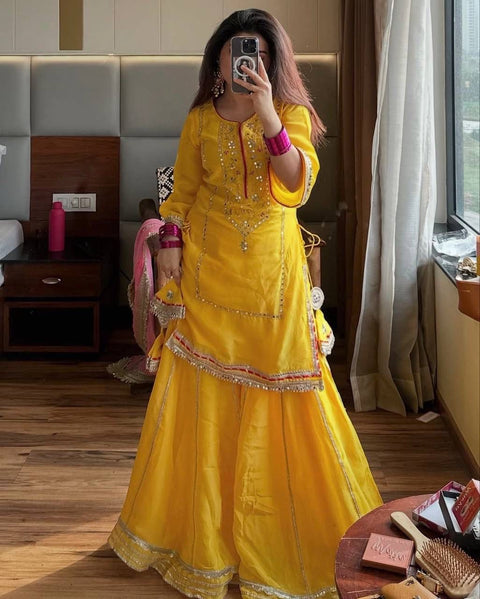 Designer Organza Silk Top Palazzo Set with Embroidery & Sequence Work Dupatta