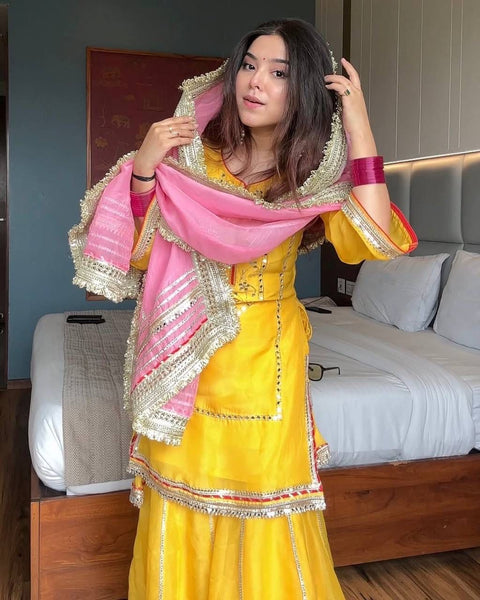 Designer Organza Silk Top Palazzo Set with Embroidery & Sequence Work Dupatta