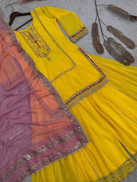 Designer Organza Silk Top Palazzo Set with Embroidery & Sequence Work Dupatta