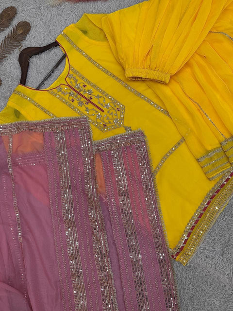 Designer Organza Silk Top Palazzo Set with Embroidery & Sequence Work Dupatta