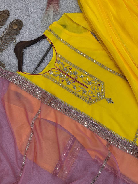 Designer Organza Silk Top Palazzo Set with Embroidery & Sequence Work Dupatta