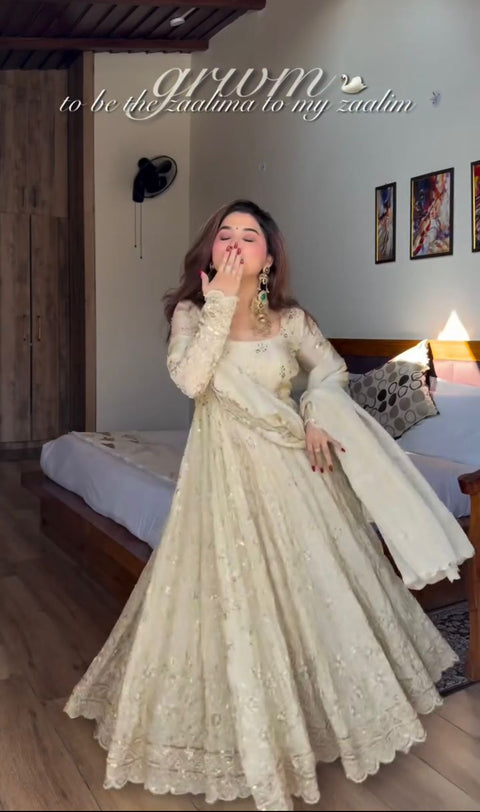 Elegant Chinon Silk Gown Set with Embroidery Sequence Work & Dupatta