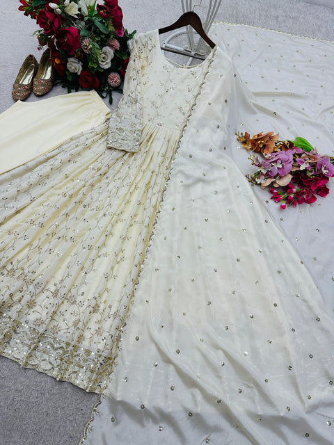 Elegant Chinon Silk Gown Set with Embroidery Sequence Work & Dupatta