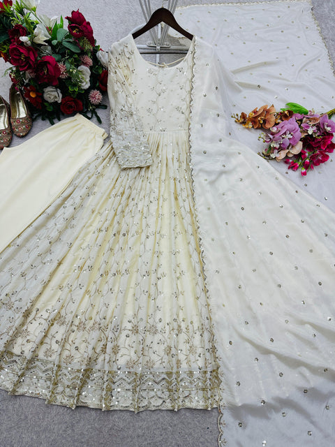 Elegant Chinon Silk Gown Set with Embroidery Sequence Work & Dupatta