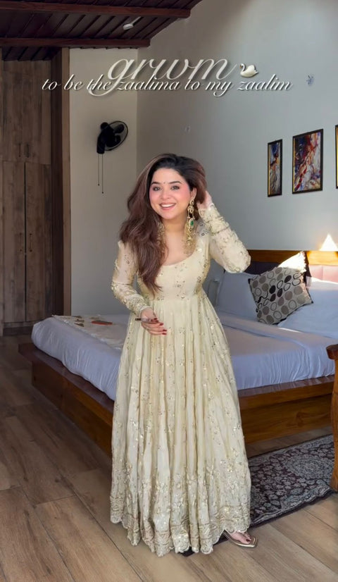 Elegant Chinon Silk Gown Set with Embroidery Sequence Work & Dupatta