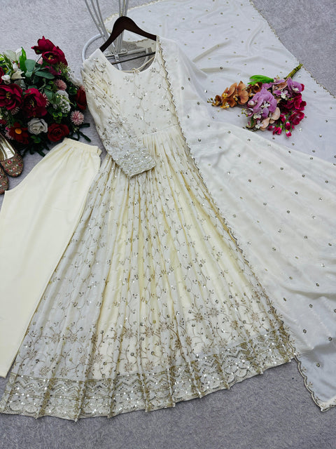Elegant Chinon Silk Gown Set with Embroidery Sequence Work & Dupatta