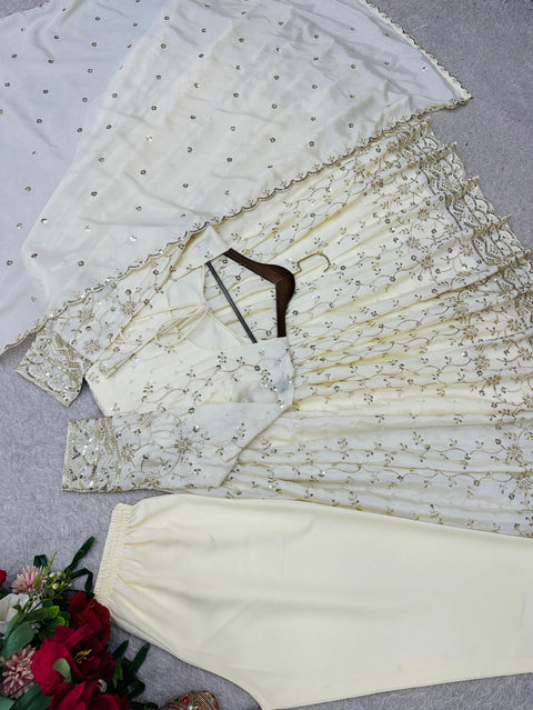 Elegant Chinon Silk Gown Set with Embroidery Sequence Work & Dupatta