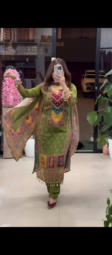 Elegant Chinnon Silk Digital Print Suit Set with Mirror Work Dupatta