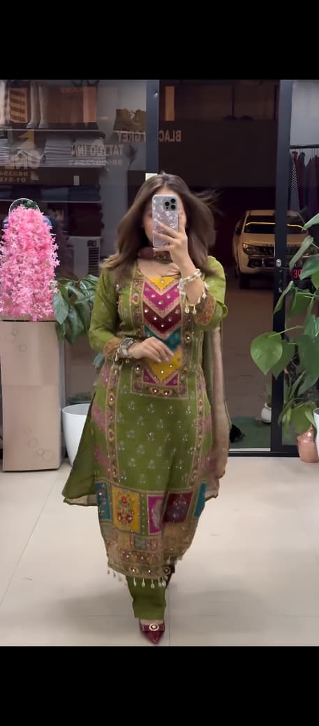 Elegant Chinnon Silk Digital Print Suit Set with Mirror Work Dupatta
