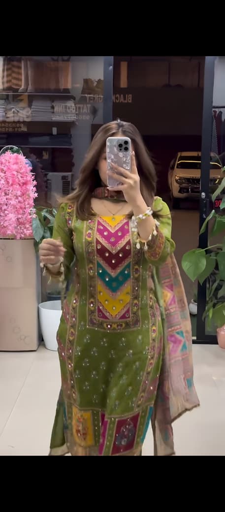 Elegant Chinnon Silk Digital Print Suit Set with Mirror Work Dupatta