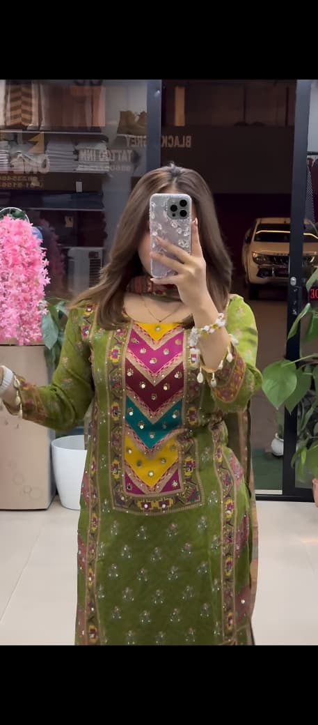Elegant Chinnon Silk Digital Print Suit Set with Mirror Work Dupatta