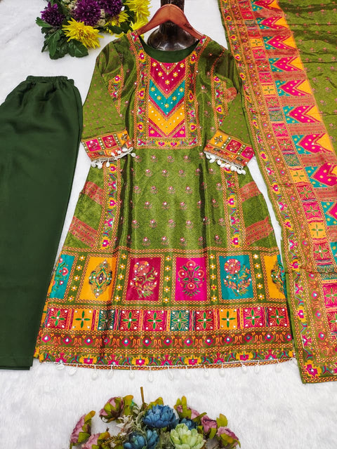 Elegant Chinnon Silk Digital Print Suit Set with Mirror Work Dupatta