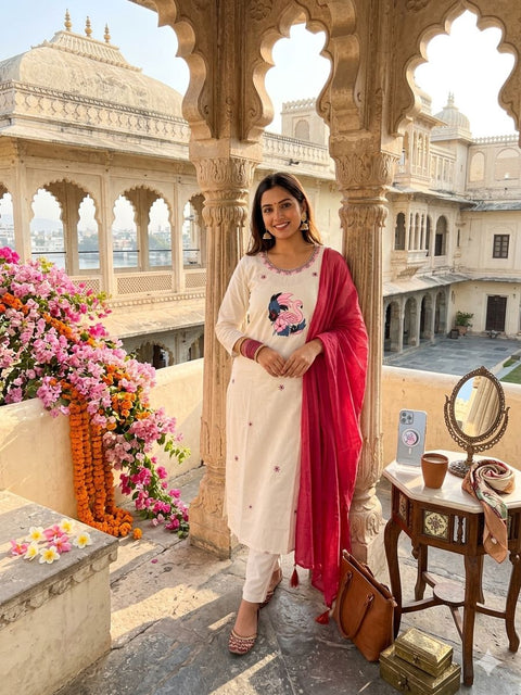 Women’s Embroidered Kurti Pant Set with Dupatta
