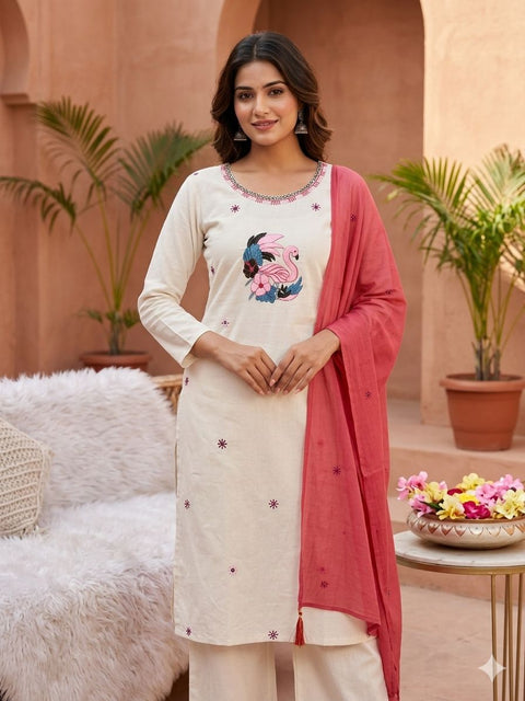 Women’s Embroidered Kurti Pant Set with Dupatta