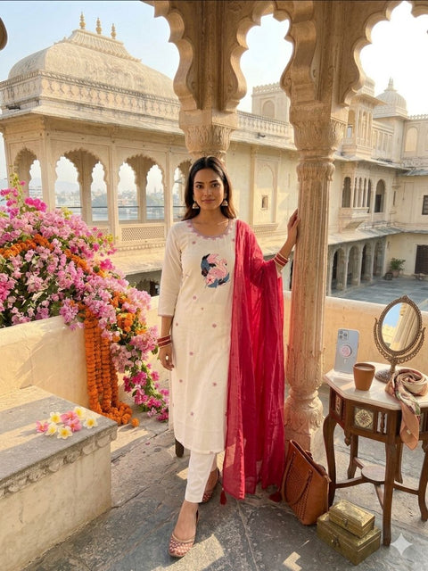 Women’s Embroidered Kurti Pant Set with Dupatta