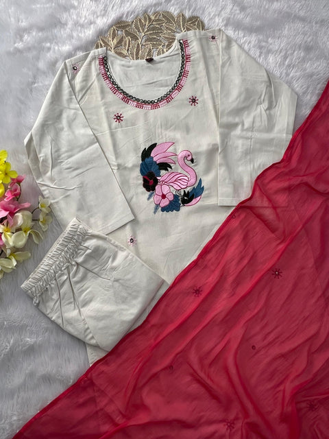 Women’s Embroidered Kurti Pant Set with Dupatta