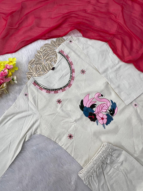 Women’s Embroidered Kurti Pant Set with Dupatta