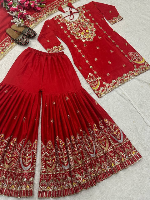 Designer Chinon Silk Sharara Set with Dupatta