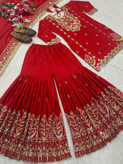 Designer Chinon Silk Sharara Set with Dupatta
