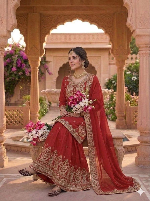 Designer Chinon Silk Sharara Set with Dupatta