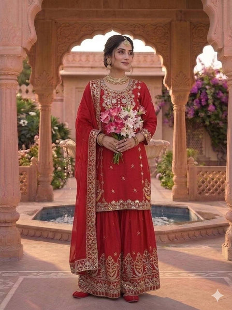 Designer Chinon Silk Sharara Set with Dupatta