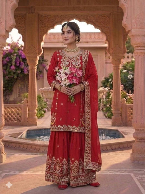 Designer Chinon Silk Sharara Set with Dupatta