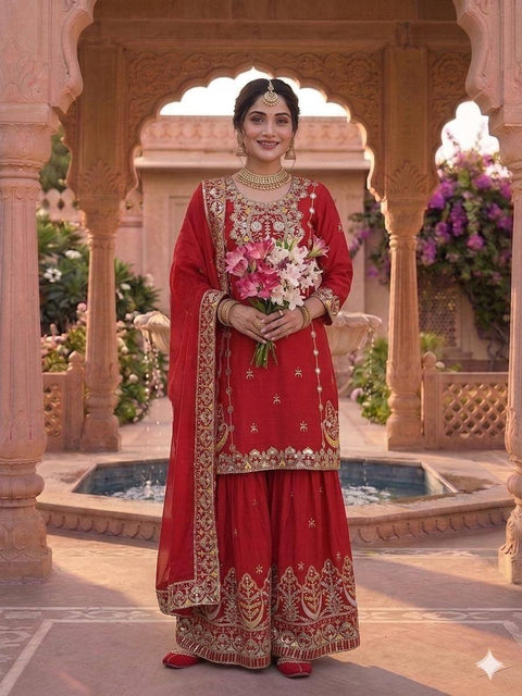 Designer Chinon Silk Sharara Set with Dupatta