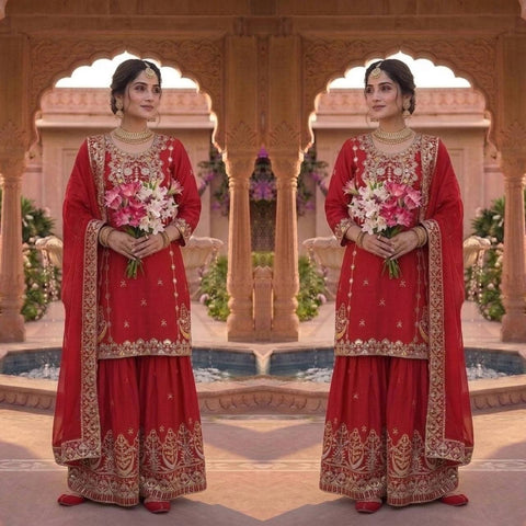 Designer Chinon Silk Sharara Set with Dupatta
