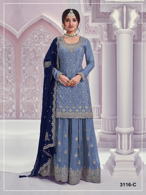 Heavy Chinon Silk Designer Suit Set with Embroidery Work