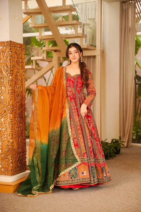 Festive Chinon Silk Patola Print Flair Gown Set