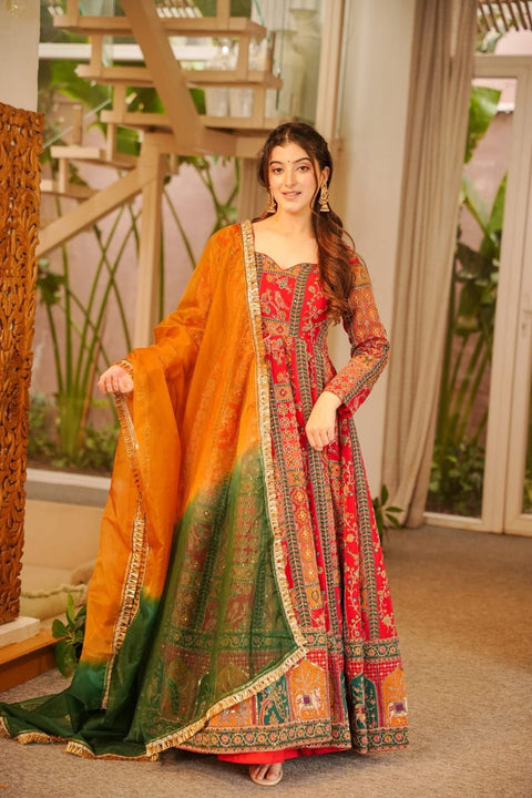 Festive Chinon Silk Patola Print Flair Gown Set