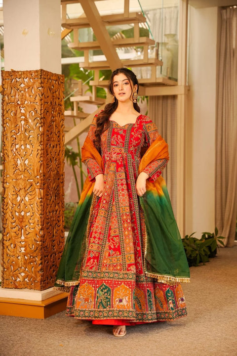 Festive Chinon Silk Patola Print Flair Gown Set