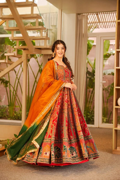 Festive Chinon Silk Patola Print Flair Gown Set