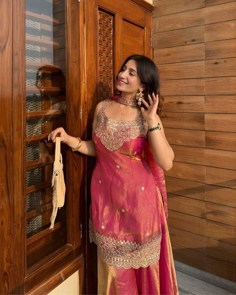 Heavy Fandy Silk Embroidered Sharara Suit Set with Dupatta